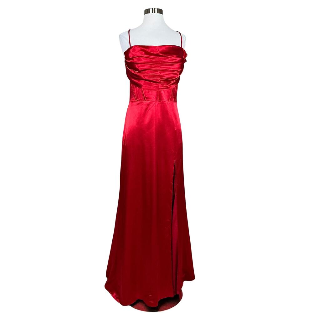 Blondie Nites Red Evening Gown Satin Backless Long Formal Column Dress Size 13 - Picture 2 of 12